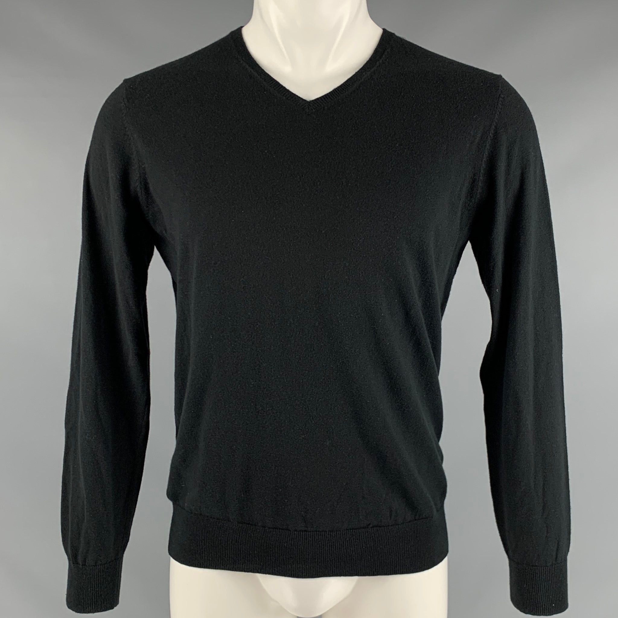 image of Massimo Dutti Black Cotton Silk Cashmere Vneck Pullover, Men's (Size Small)