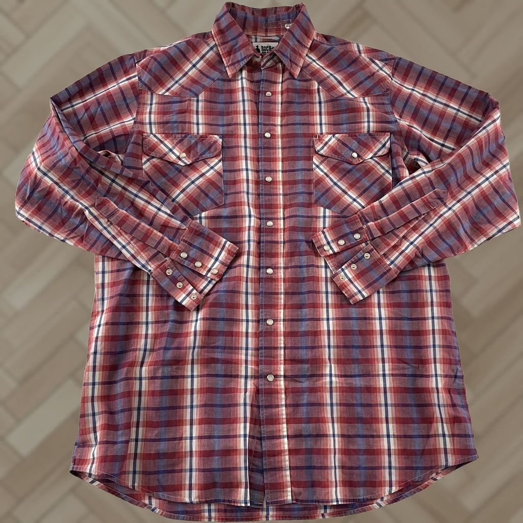 Vintage Rock Creek Ranch Plaid Long Sleeve Pearl Snap Button Front Shirt Mens L Tall Red Size US L / EU 52-54 / 3 - 1 Thumbnail