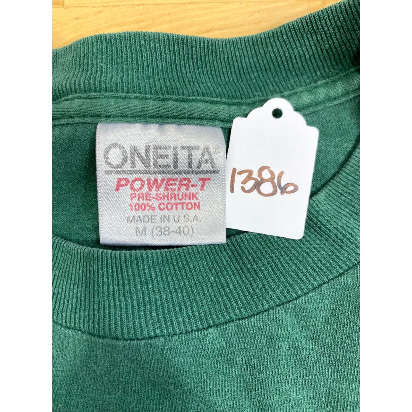 Vintage VINTAGE Oneita Power-T Shirt Green Rejoice Short Sleeve M Unisex Cotton 1990s Graphic Tee Mens Womens Size US M / EU 48-50 / 2 - 4 Thumbnail