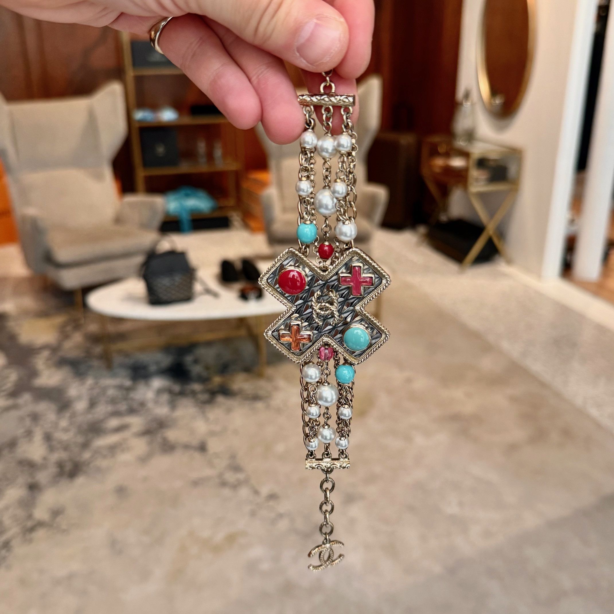 Chanel 2017 Faux Pearl Cross Gripoix CC Multistrand Bracelet