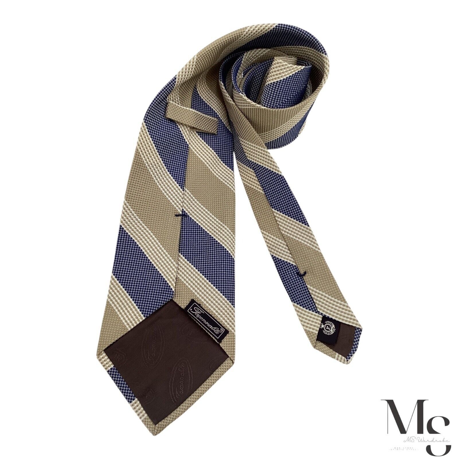 Faconnable FAÇONNABLE XL Blue & Beige Striped Silk Tie Hand Made In Fra Size ONE SIZE - 2 Thumbnail