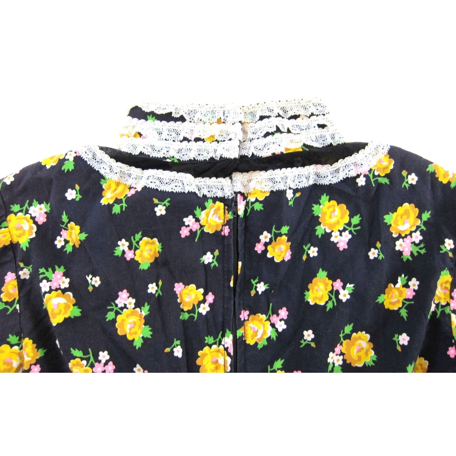 Vintage VTG Handmade Black Yellow Pink Floral Lace High Neck Long sleeve Mini Dress S Size S / US 4 / IT 40 - 4 Thumbnail