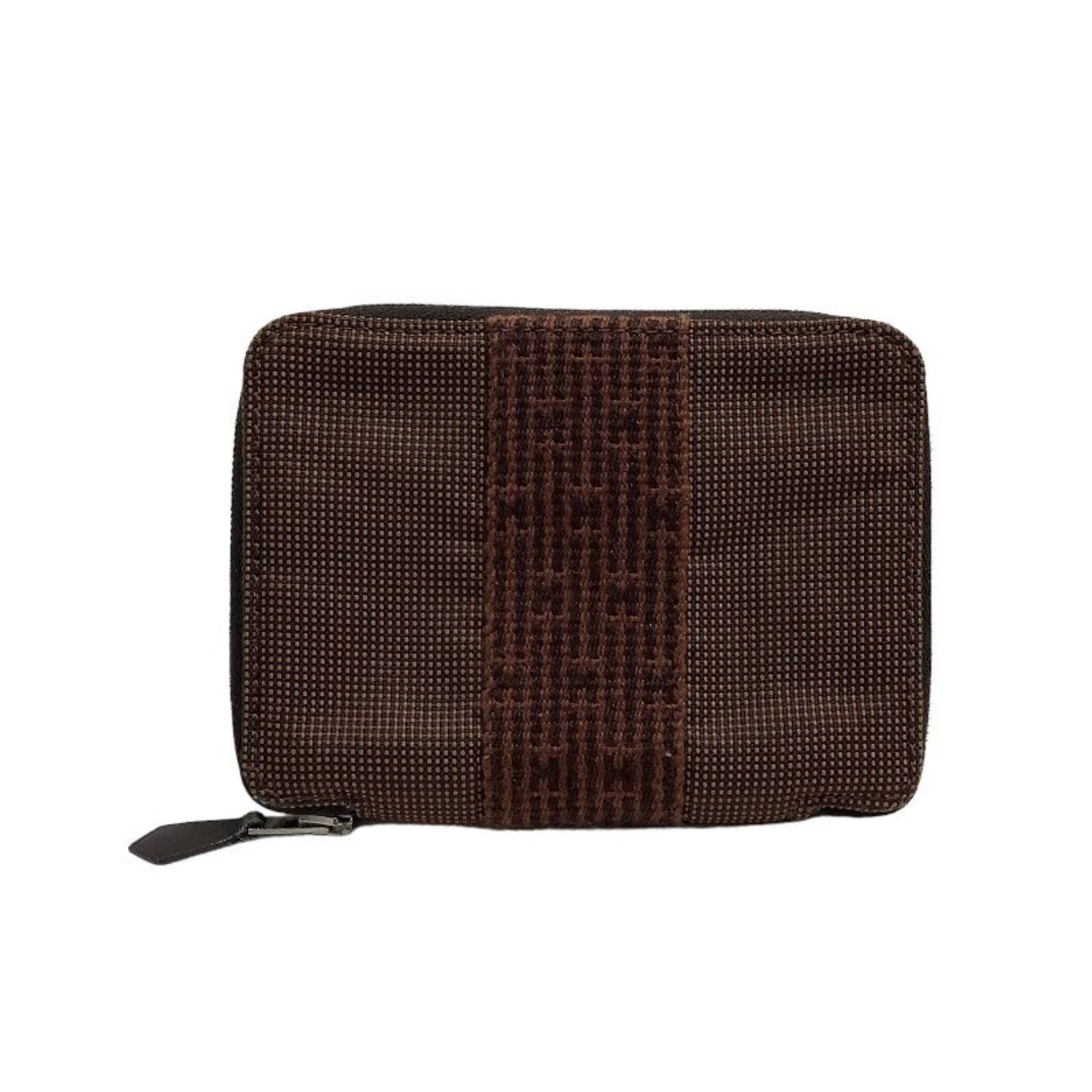 image of Hermes Air Line Purse Pm Bi-Fold Round Wallet Brown Canvas Kb-7970, Women's