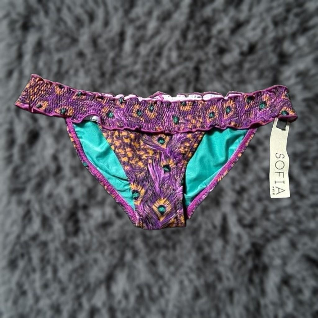 Vintage Peacock Feather Bikini Swim Bottom S Boho Chic Exotic Festival Beach Retro Y2K Size 28" / US 6 / IT 42 - 1 Thumbnail