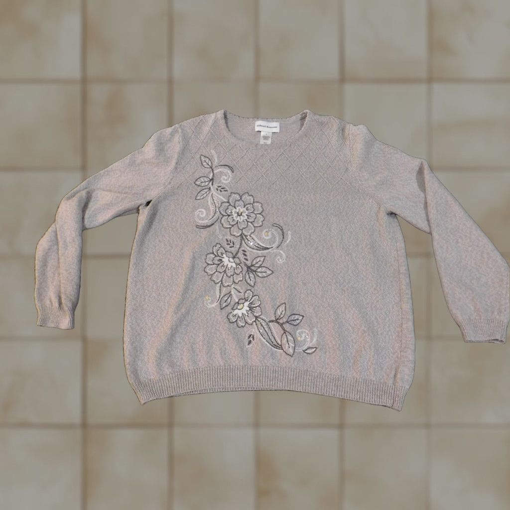 Vintage Alfred Dunner Sweater Womens Pullover Crew Neck L Gray Floral Embroidered Knit Cotton Acrylic Raglan Sleeve Modern Vintage: No, Regular Fit Size L / US 10 / IT 46 - 1 Thumbnail