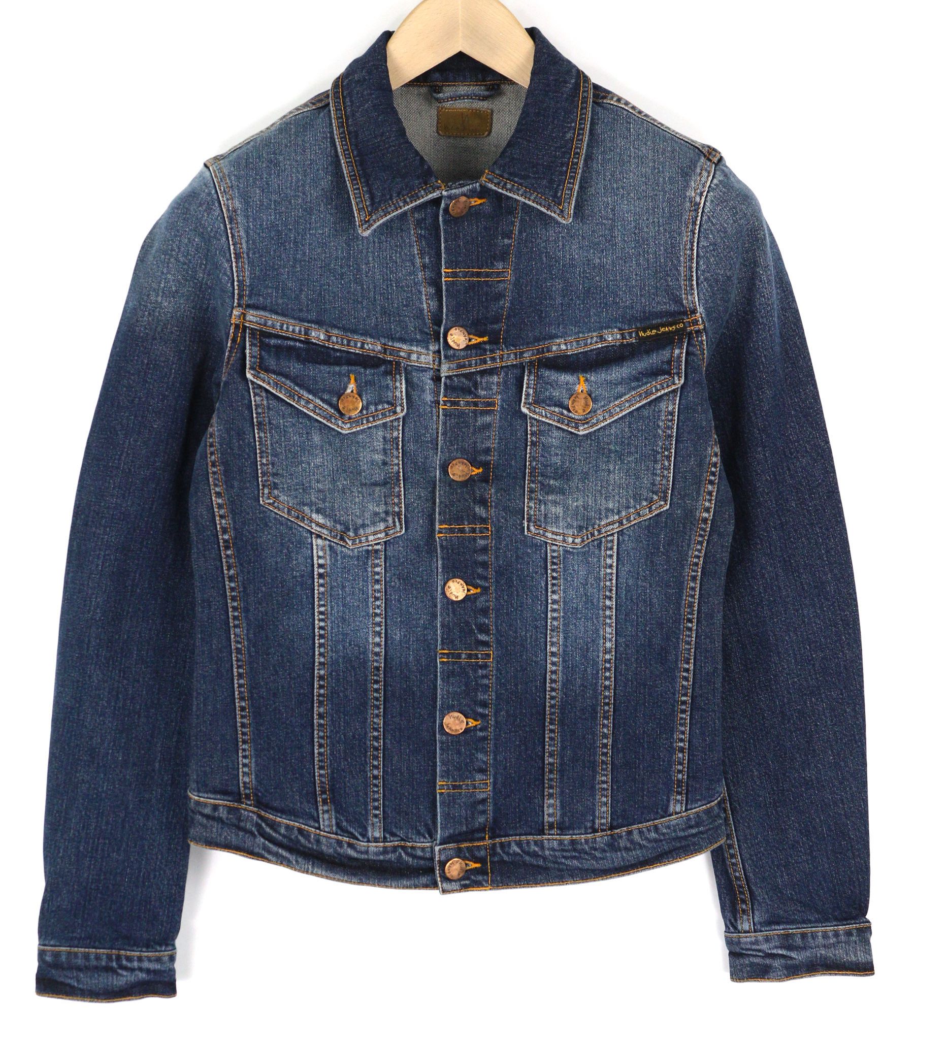 Nudie Jeans PERRY XS Excellent Blue Washed Logo Denim Jacket 81956 Size US XS / EU 42 / 0 - 1 Thumbnail