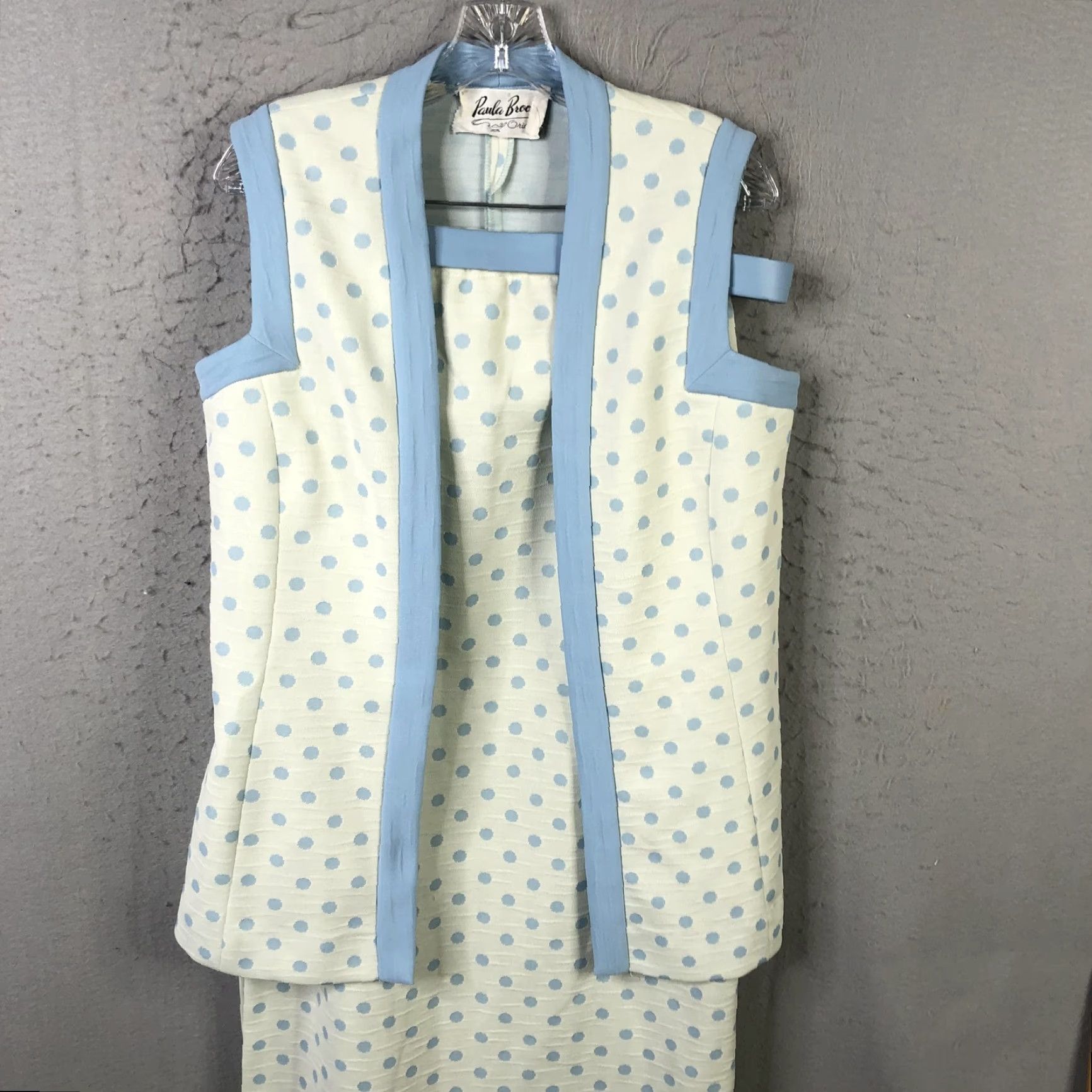VINTAGE Paula Brooks Skirt Suit Set Womens 12 3 Piece Blue White Polka Dot Ivory Off-White 70s
