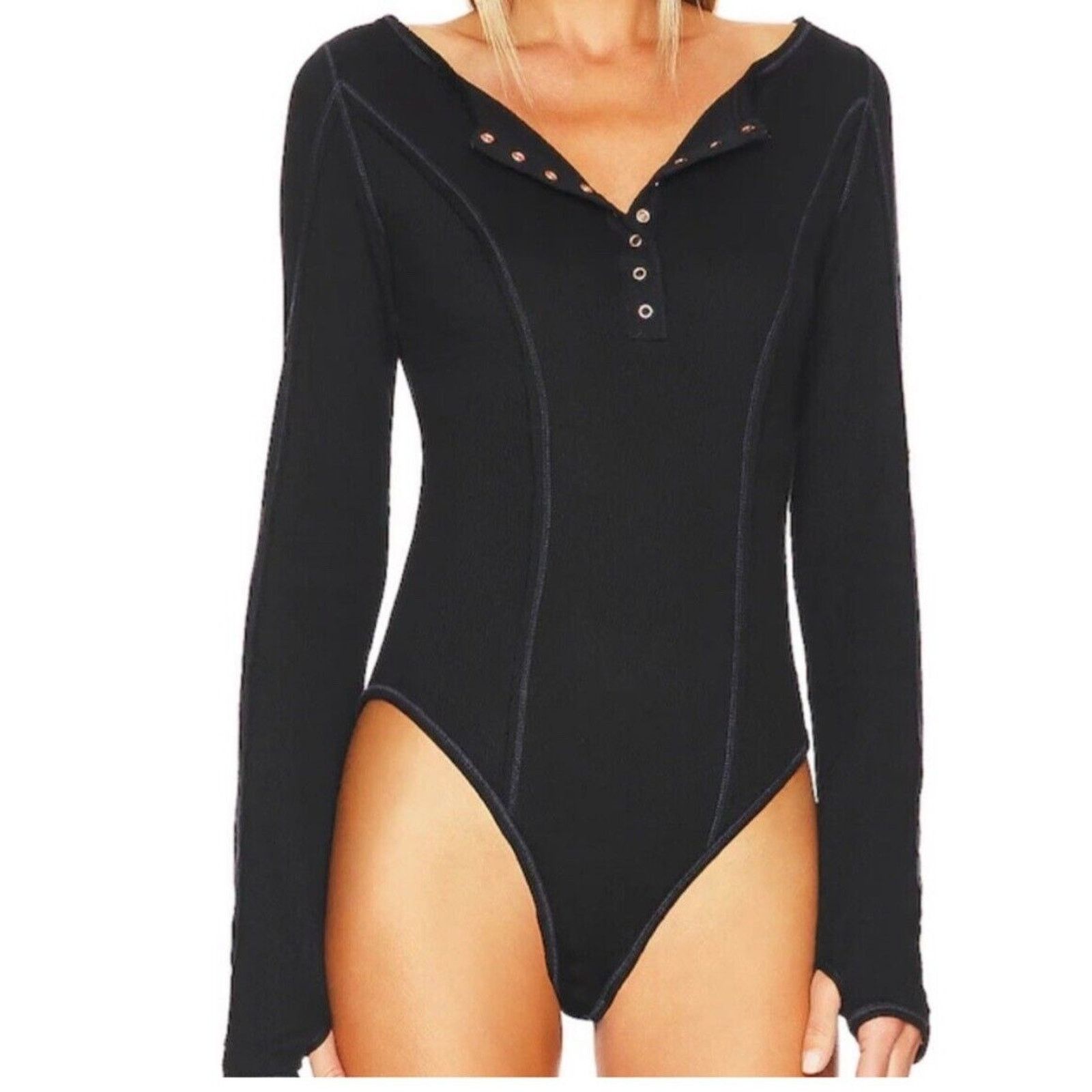 Free People Free People Bodysuit Sloane Thermal Button Neck Black Large Size L / US 10 / IT 46 - 1 Thumbnail