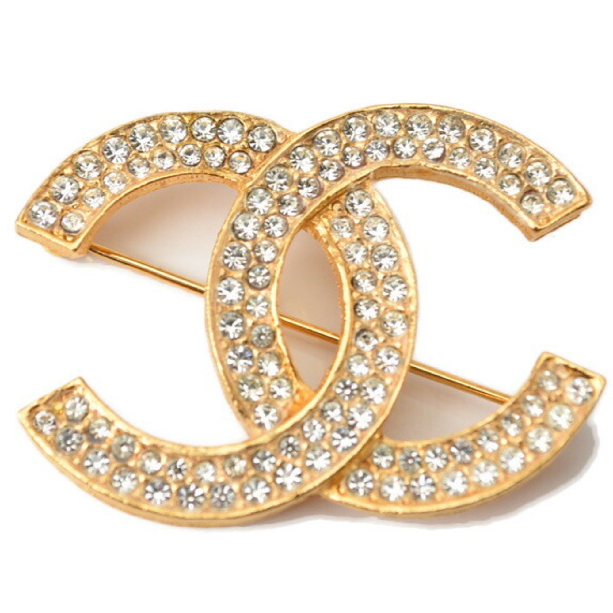 CHANEL Brooch Pin Coco Mark Rhinestone Gold