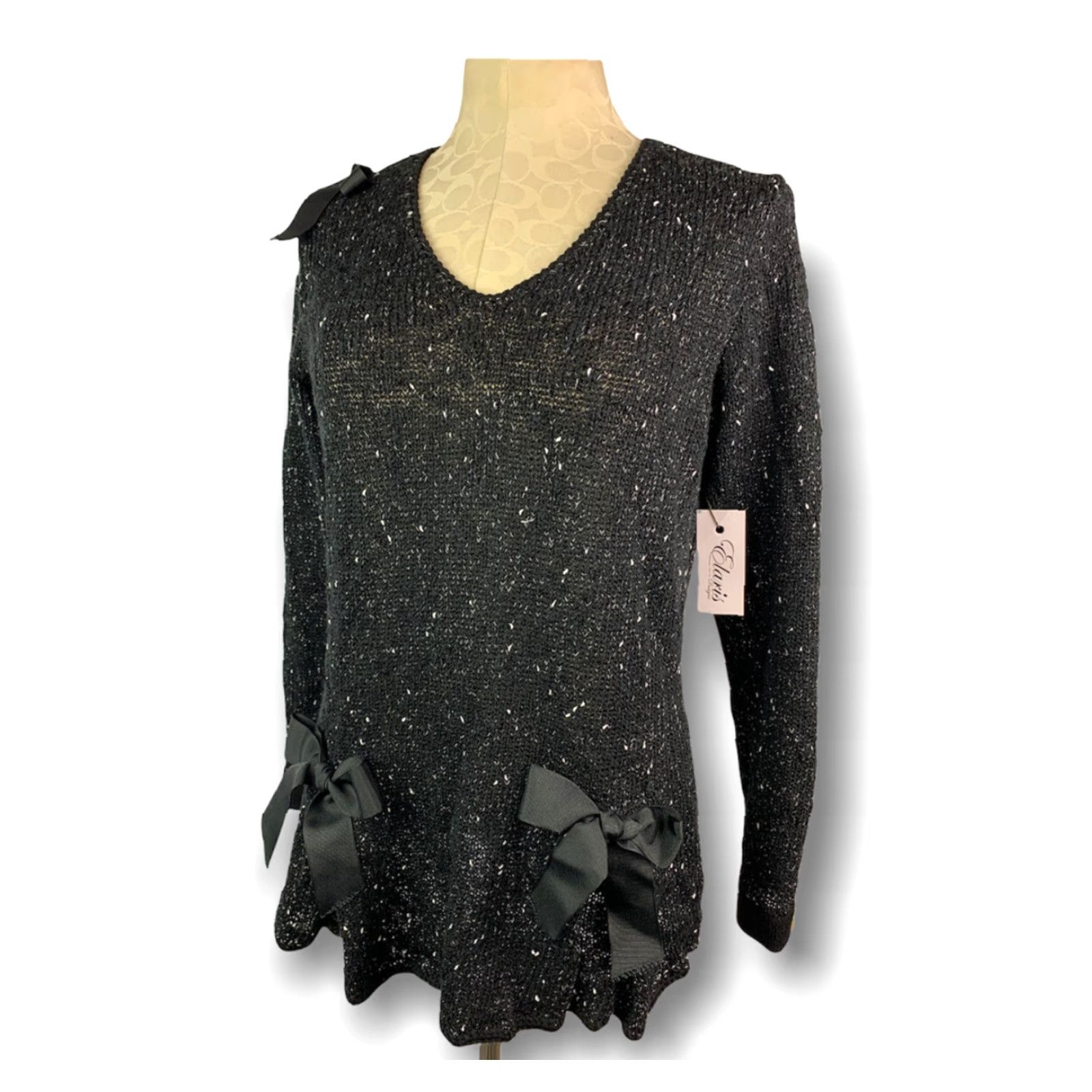 Vintage VINTAGE Large Elaris Women's Black Nubby Sweater Scalloped Hem Grosgrain Ribbon Detail 100% Rayon Made in USA Womens L Black Sweater 90s Event Size L / US 10 / IT 46 - 2 Thumbnail