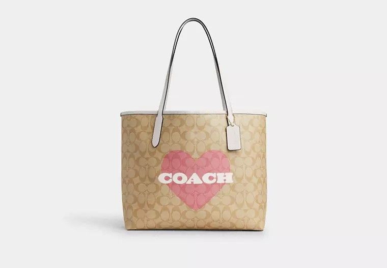 image of Coach City Tote In Signature Canvas With Heart Print in Gold, Women's