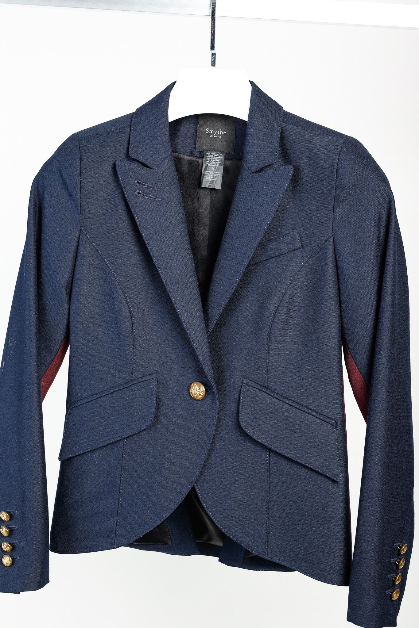 SMYTHE Smythe Navy Wool One Button Burgundy Tux Stripe Blazer Size XS / US 0-2 / IT 36-38 - 3 Thumbnail
