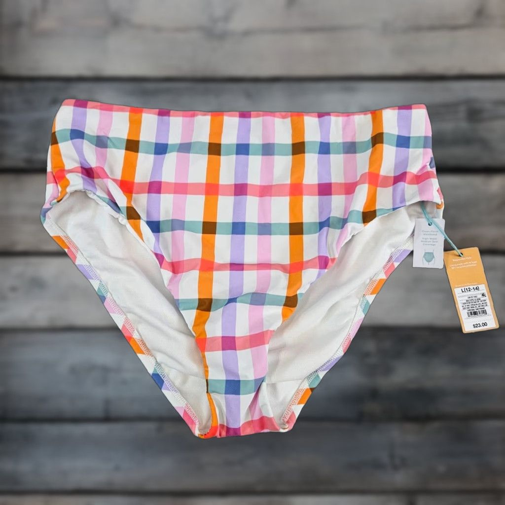 Vintage Kona Sol Womens Bikini Bottom Sz Large High Waist Plaid Pink Orange Size 36" / US 14 / IT 50 - 1 Thumbnail