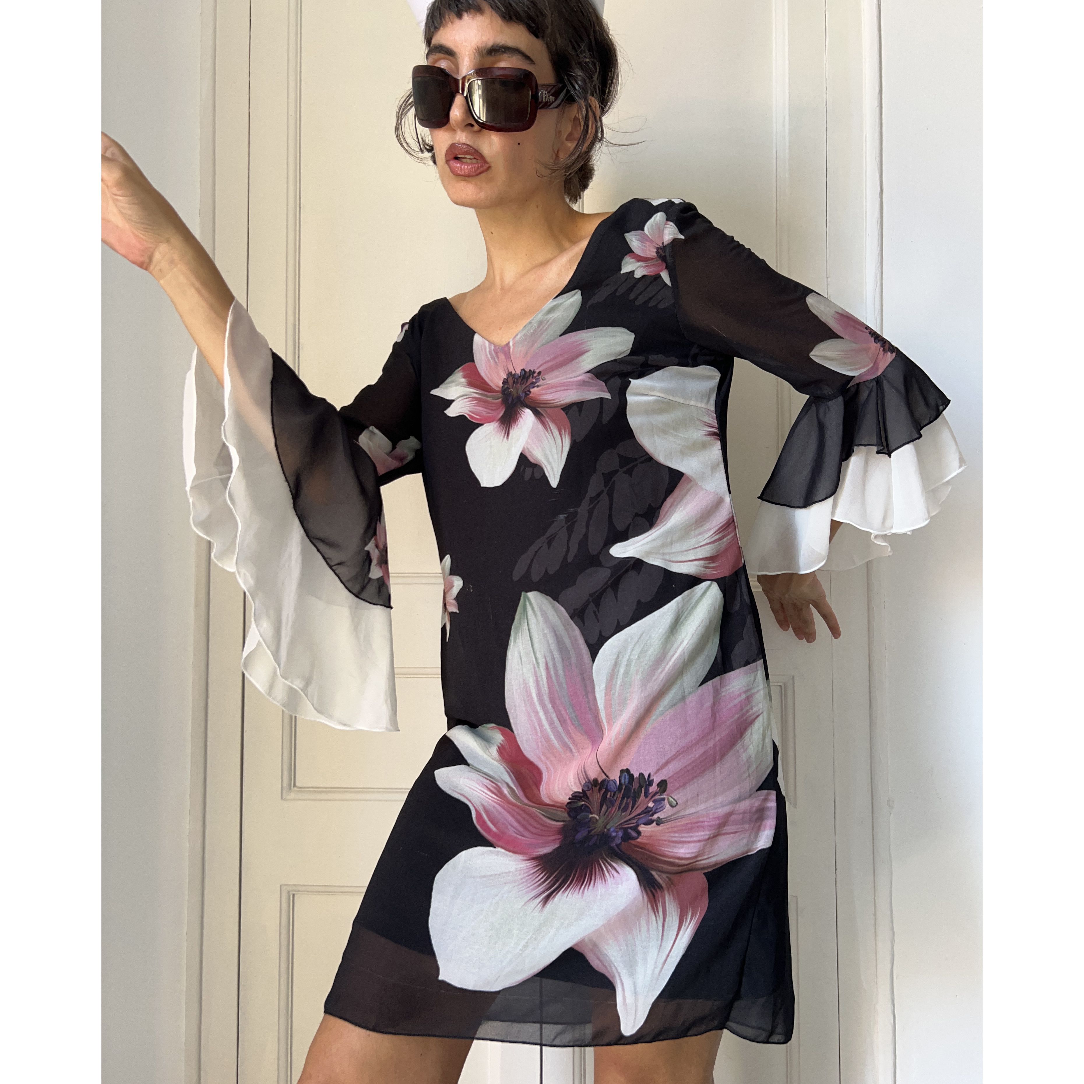 Vintage Vintage y2k ruffle sleeves black floral dress Size M / US 6-8 / IT 42-44 - 6 Thumbnail