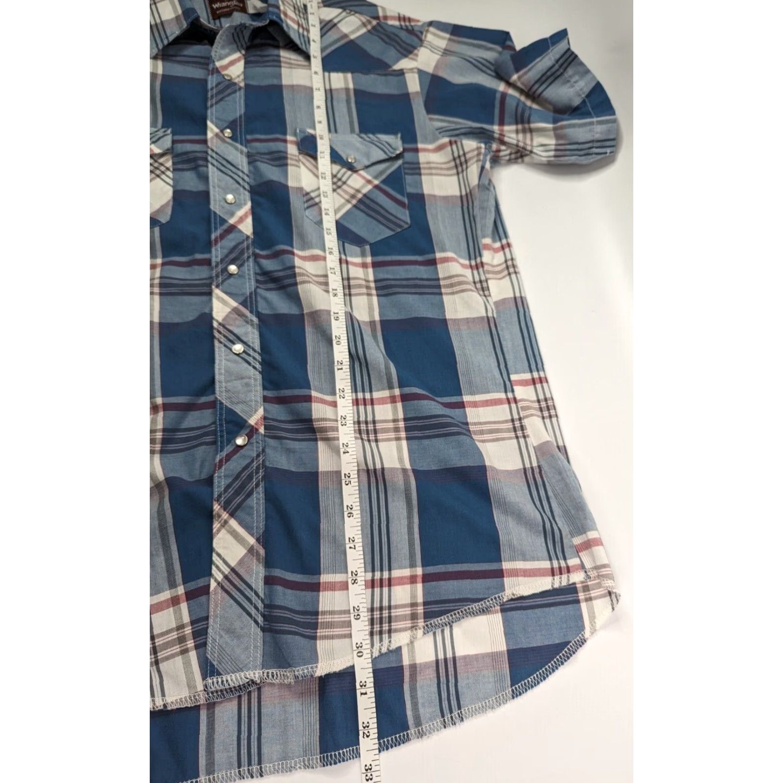 Wrangler VINTAGE Wrangler Western Plaid Pearl Snap Shirt Short Sleeve 16 Blue Mens 80s Western Shirt Snap Closure 16-16.5 Size US L / EU 52-54 / 3 - 5 Thumbnail