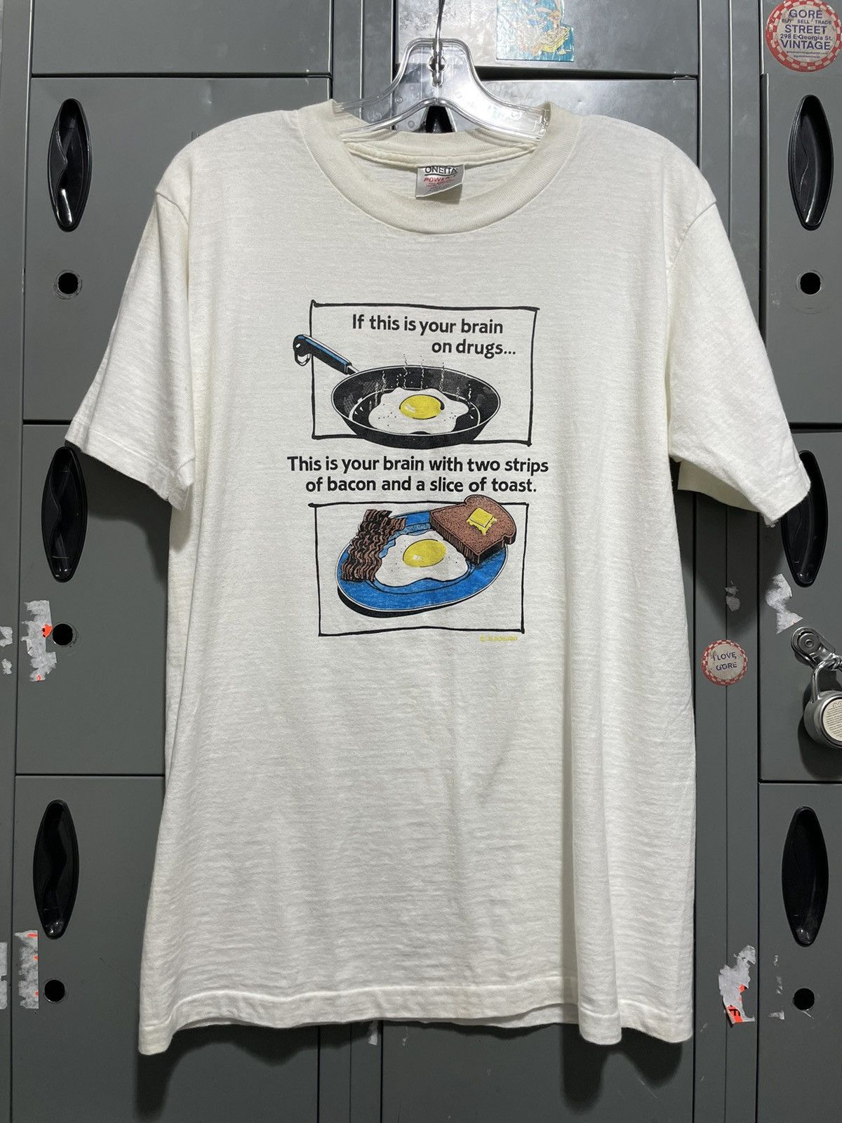 Vintage 90s Brain on Drugs Bacon Eggs joke tee | Grailed