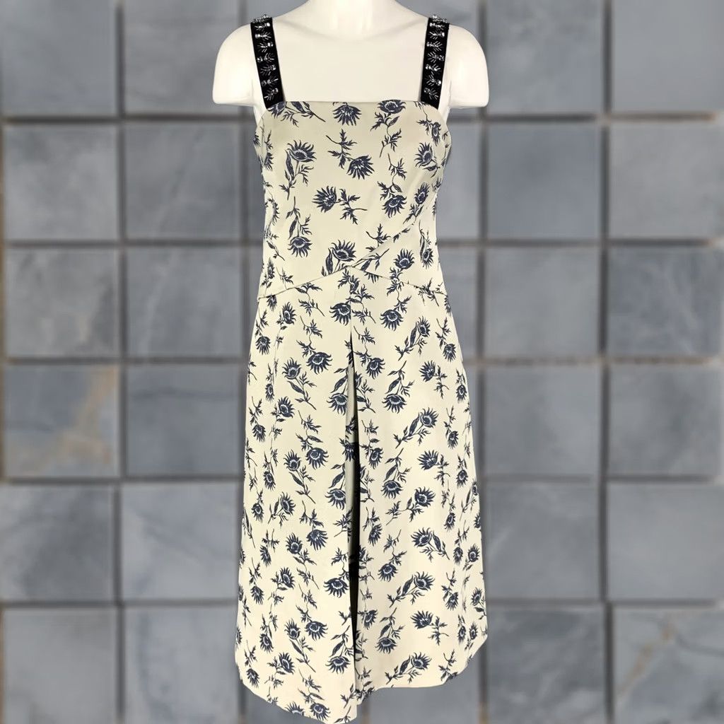 Tory Burch TORY BURCH Dress Grey Blue Floral A-Line Mid-Calf Linen Polyester Jacquard 8 Women Size M / US 6-8 / IT 42-44 - 1 Thumbnail