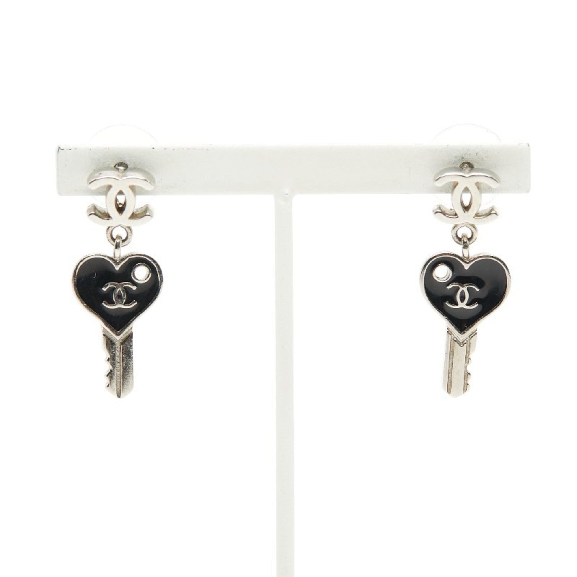 CHANEL Coco Mark Heart Key Motif Earrings in Silver and Black Metal for Women