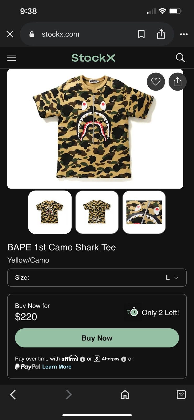 Bape Bape 1st Camo Shark Tee Yellow (M) Size US M / EU 48-50 / 2 - 8 Thumbnail