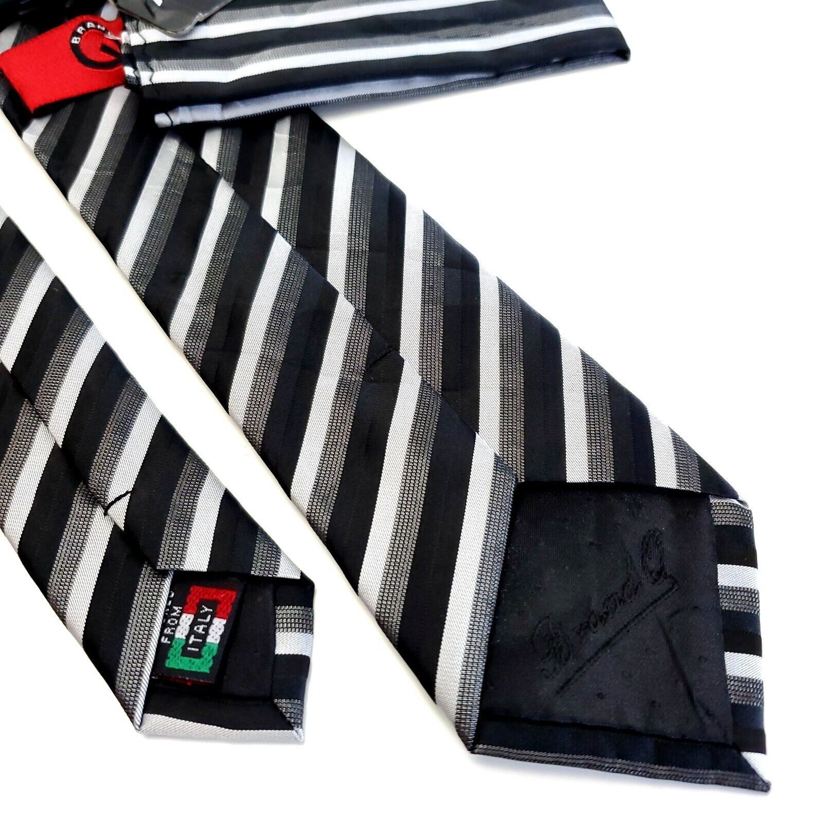 Designer NEW Q Brand Italy Black Gray Striped Woven Skinny Silk Tie Size ONE SIZE - 8 Thumbnail