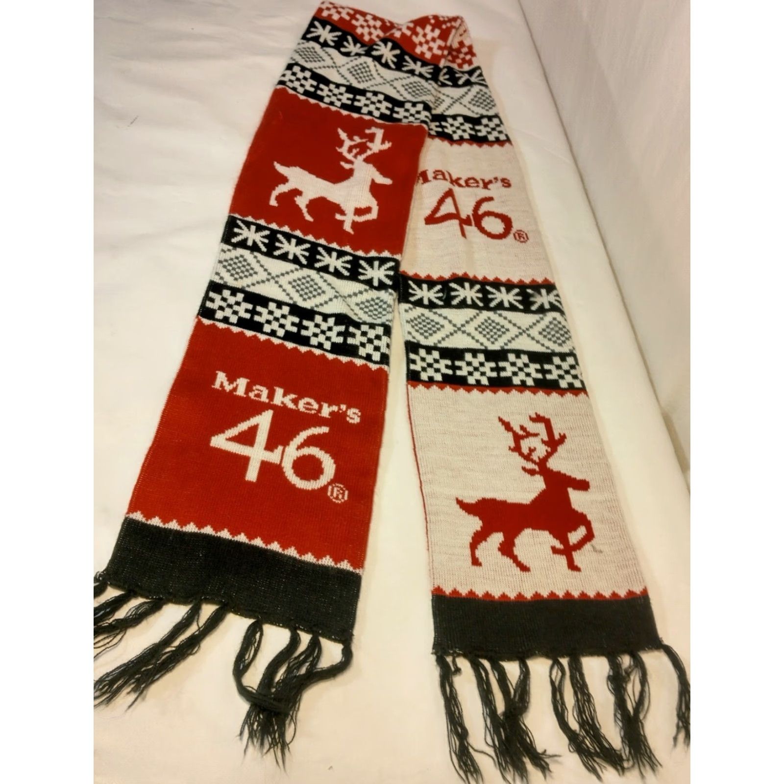 Vintage VINTAGE Maker's Mark No. 46 Knit Scarf Fringe Fair Isle Snowflake Red White Black Winter Womens Size ONE SIZE - 4 Thumbnail