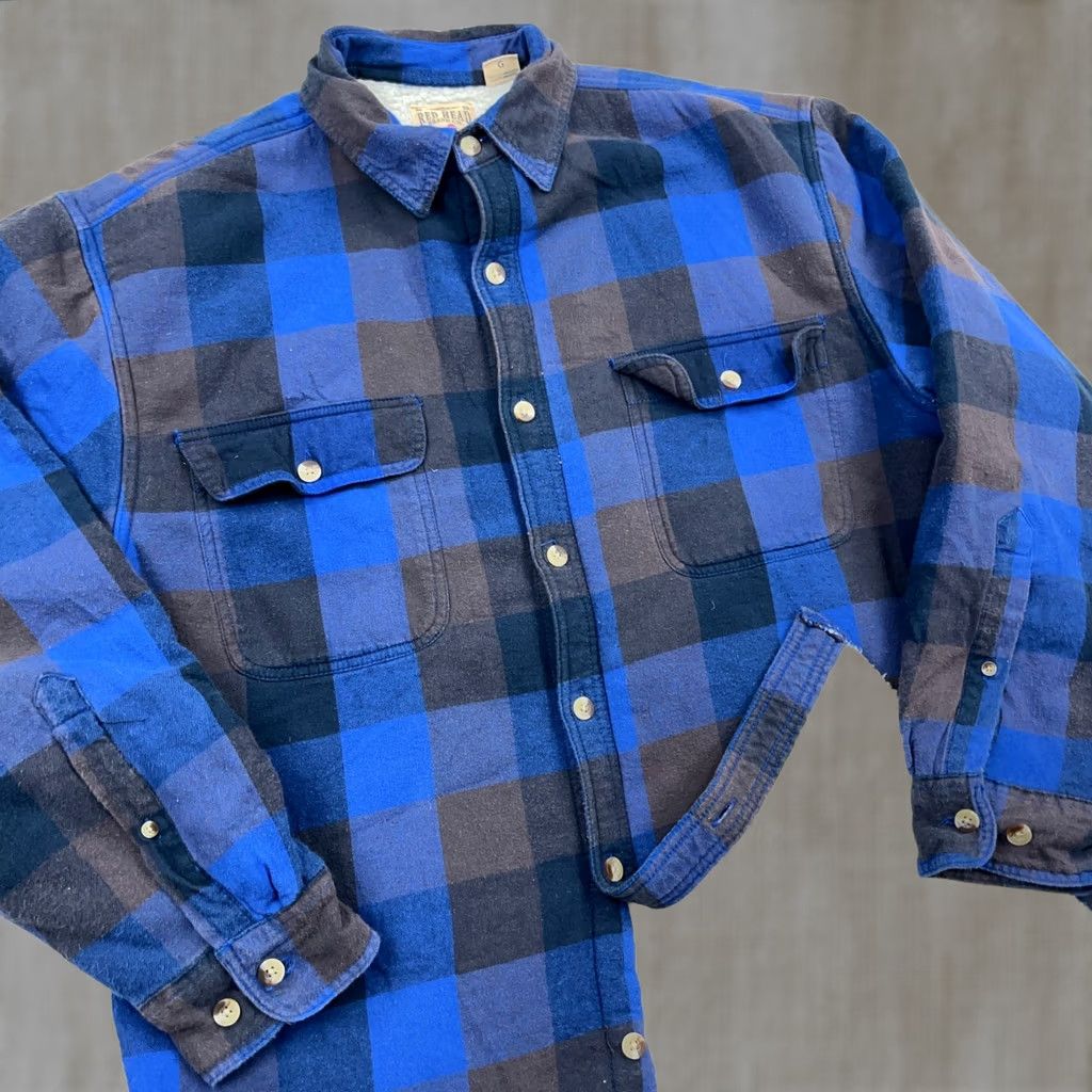Vintage RedHead Shacket Men L Blue Buffalo Plaid Sherpa Lined Over Shirt Jacket Quilted Pockets Logo Fall Spring Winter Casual Workwear Vintage Size US L / EU 52-54 / 3 - 1 Thumbnail