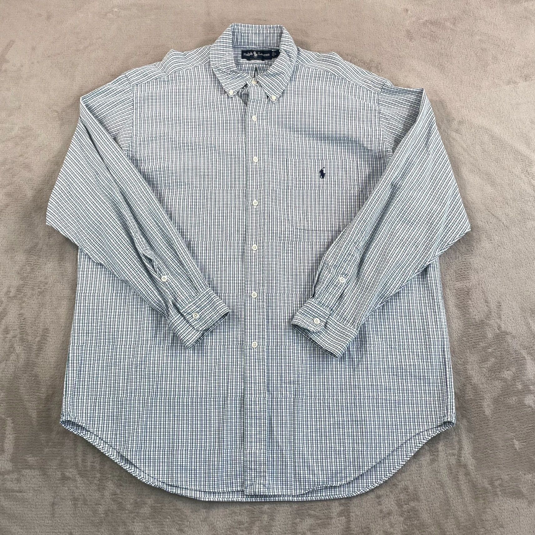 VINTAGE Polo Ralph Lauren Oxford BIG SHIRT Men Large Blue Green Plaid Pony Preppy Shirt