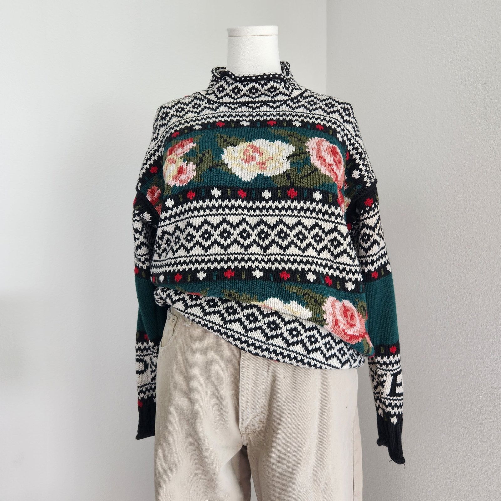 Vintage 90s Knit Sweater Floral Mock Neck Whimsigoth M