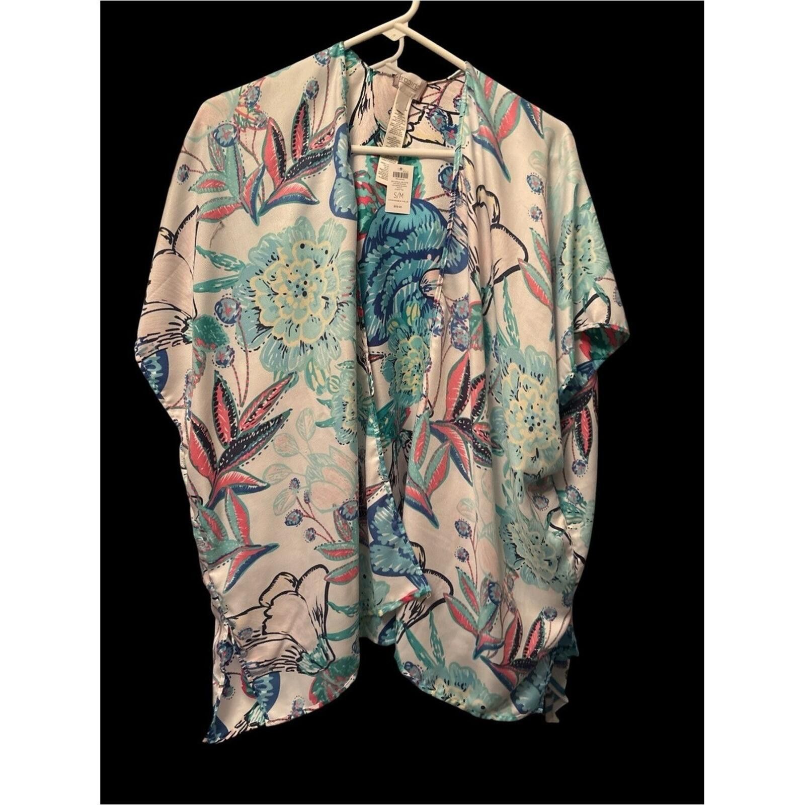 Chicos Chico's Aqua Blue Teal Pink Floral Kimono Top Size M / US 6-8 / IT 42-44 - 1 Thumbnail