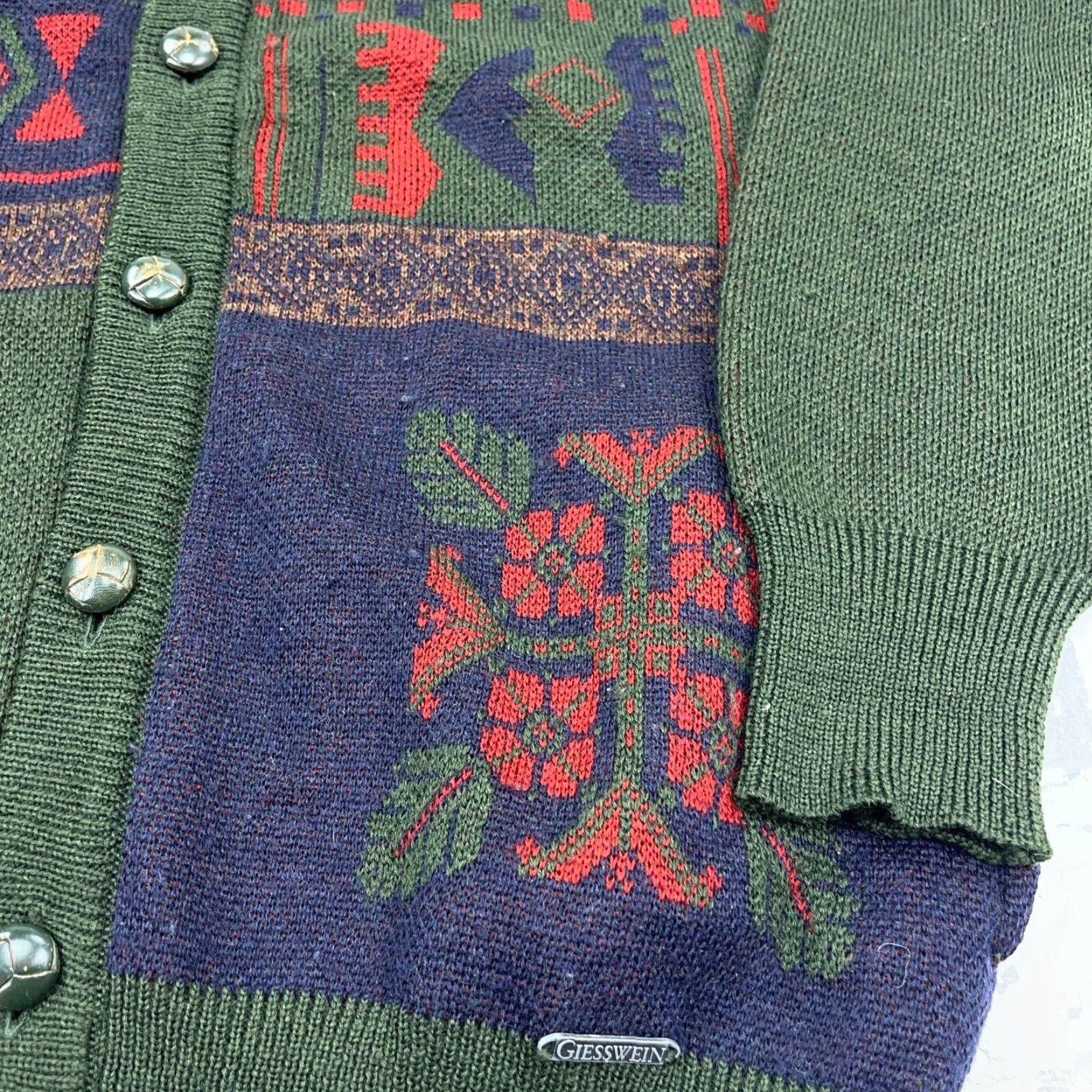 Vintage Giesswein Wool Cardigan Sweater Medium Green Blue Geometric Knit Mens Size US M / EU 48-50 / 2 - 5 Thumbnail