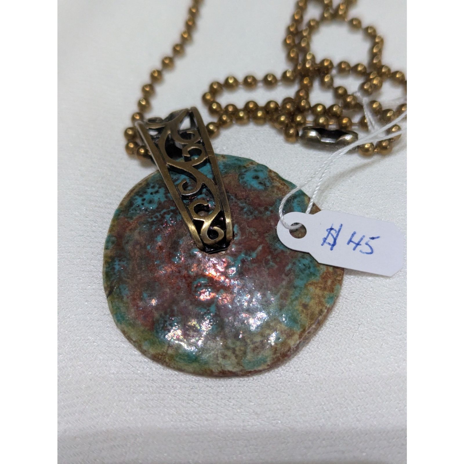 Designer Raku donut pendant+17 ball chain handmade artisan brass Size ONE SIZE - 1 Thumbnail
