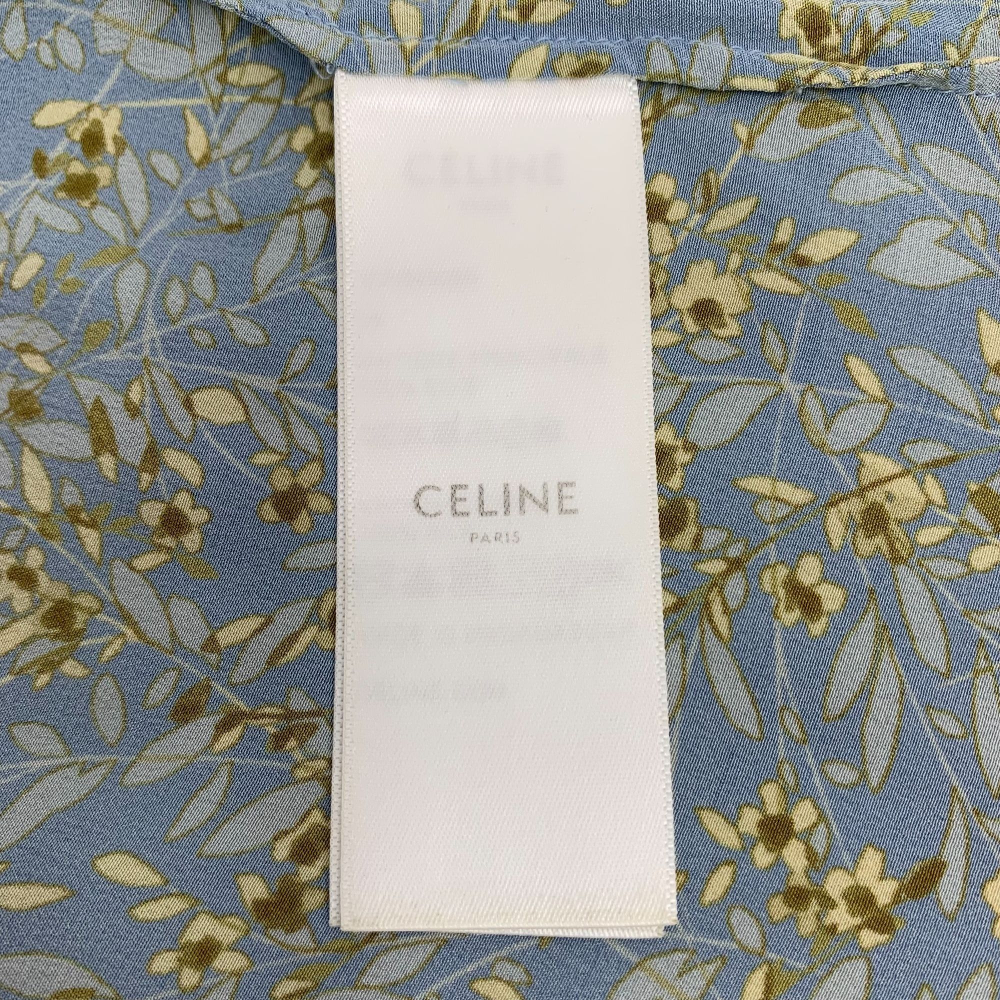 Celine Blue Floral Silk Bow Tie Short-Sleeved Shirt XS