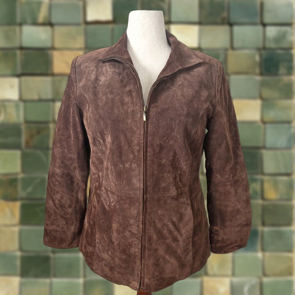 Vintage VINTAGE Y2K Brown Suede Leather Jacket Womens L Full Zip Collared Leather Jacket Brown 90s Biker Classic Pockets Womens Size L / US 10 / IT 46 - 1 Thumbnail