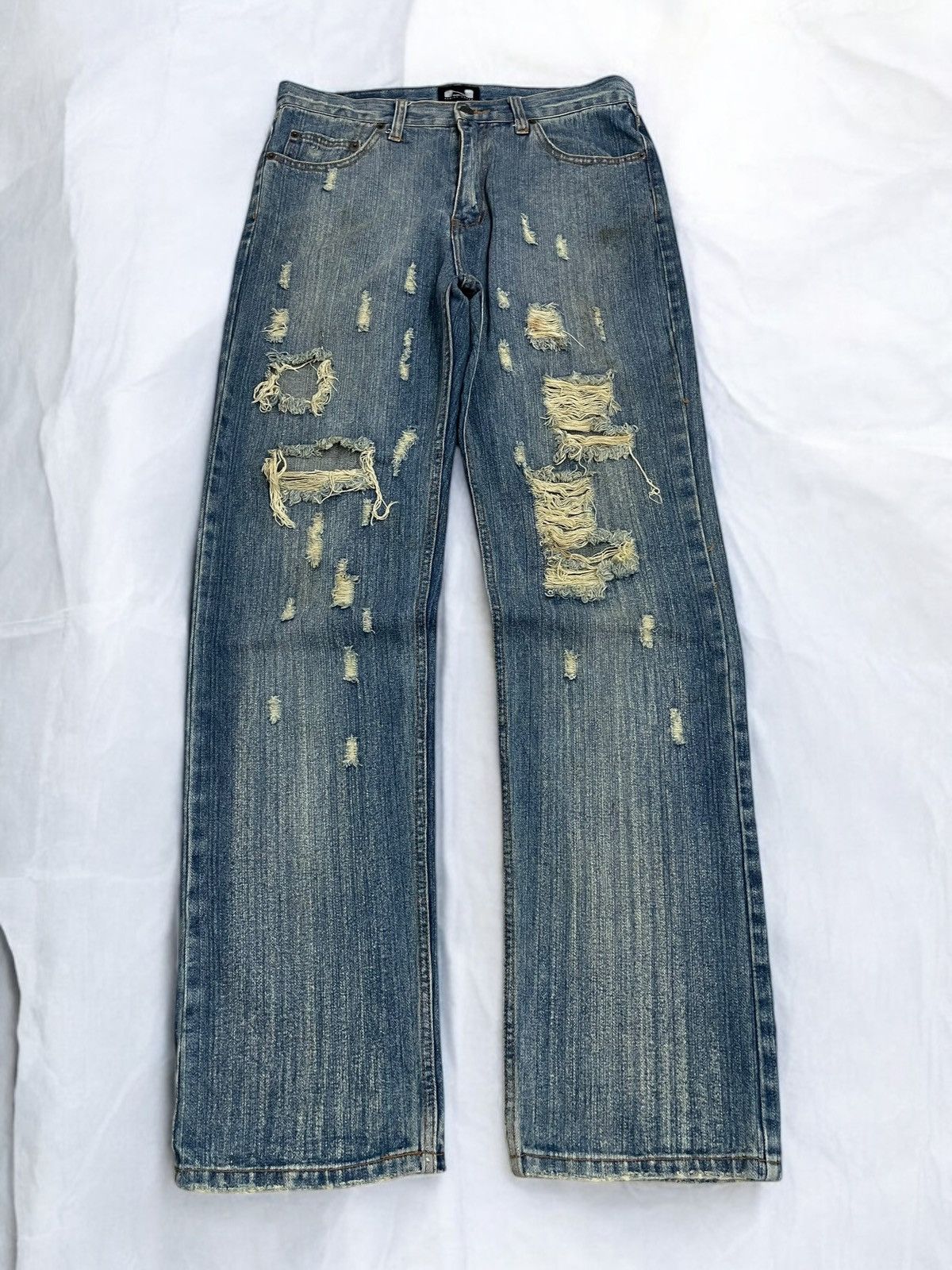 Japanese Brand Nylaus Distressed Rusty Denim Heavy Stitching Font Y2K Size US 32 / EU 48 - 1 Thumbnail
