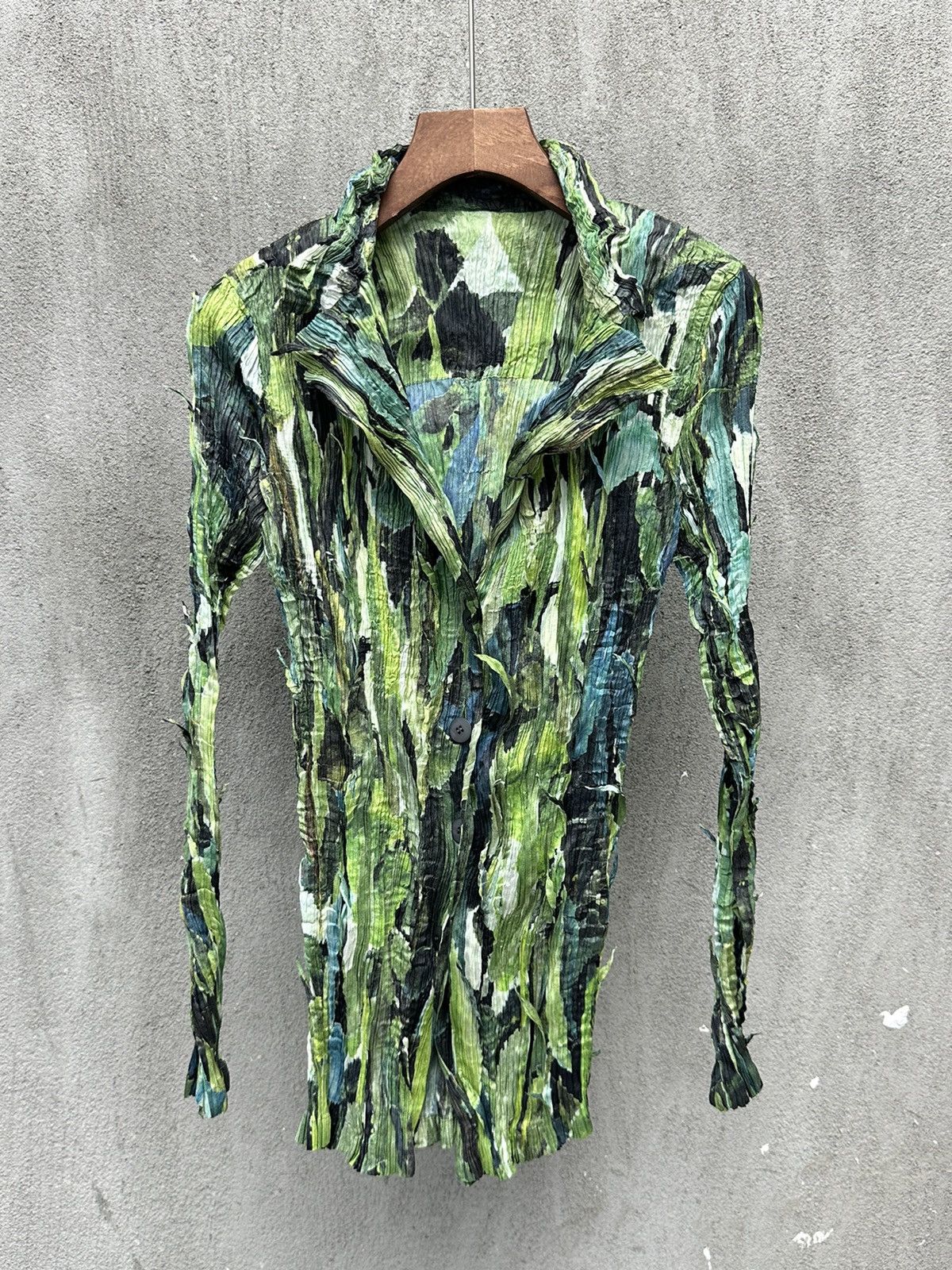 Issey Miyake × Vintage Green Oil Painting Dragon Beard Button-Down Top Size M / US 6-8 / IT 42-44 - 3 Thumbnail