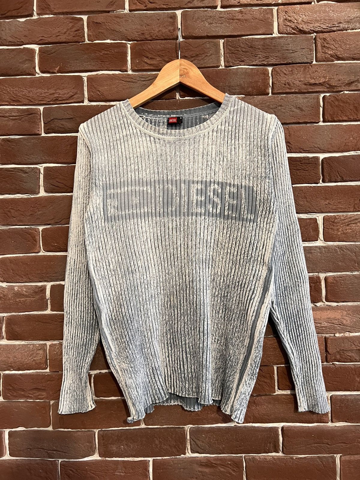 image of Diesel Knit Sweater Vintage 90's Spellout Logo Washed Hype in Grey, Men's (Size Medium)
