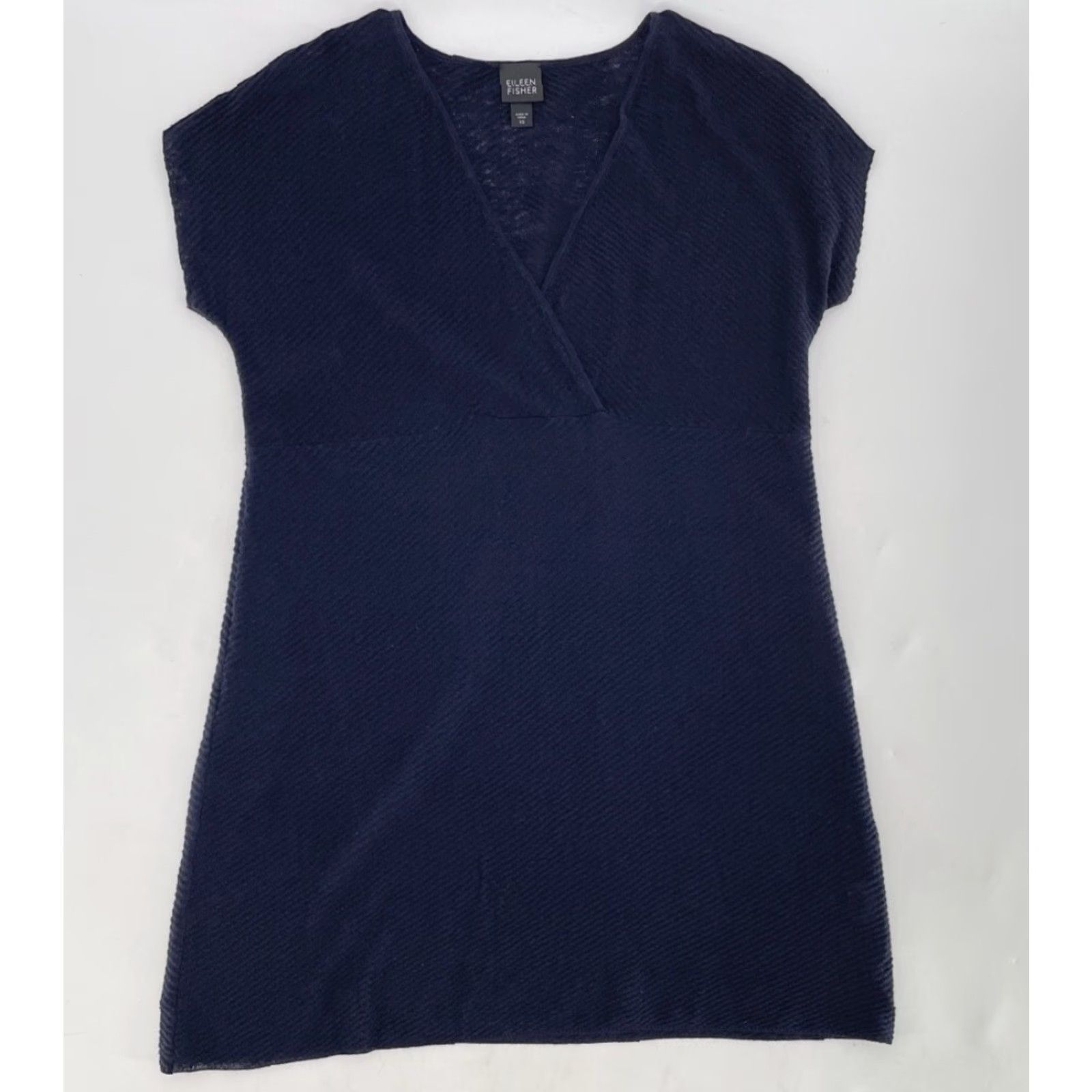 Eileen Fisher Navy Blue V-Neck Faux Wrap Knit Dress XS Linen Short Sleeve  Casual Lightweight A-Line Classic Womens - trueticket.mx
