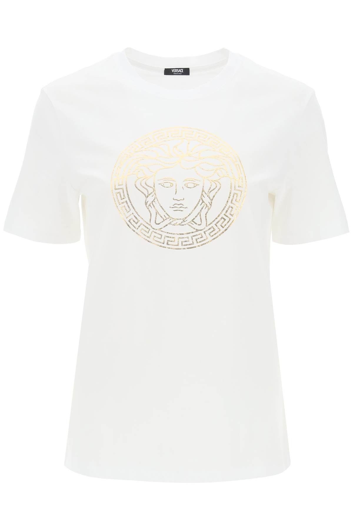 image of Versace Medusa Crew-Neck T-Shirt in White Gold, Women's (Size Medium)