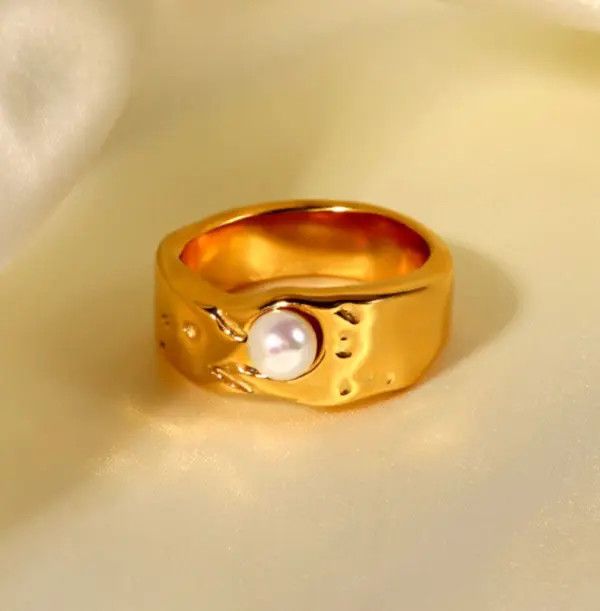 Designer Punk Irregular Melting Float Emboss Gold Pearl Ring Size ONE SIZE - 4 Thumbnail