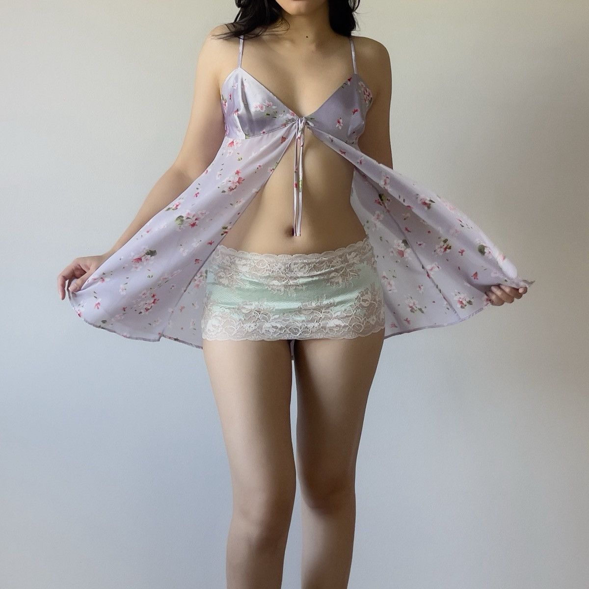 Victoria's Secret Vintage 1990s Lilac Satin & Floral Chiffon Babydoll Set (M) Size M / US 6-8 / IT 42-44 - 8 Thumbnail