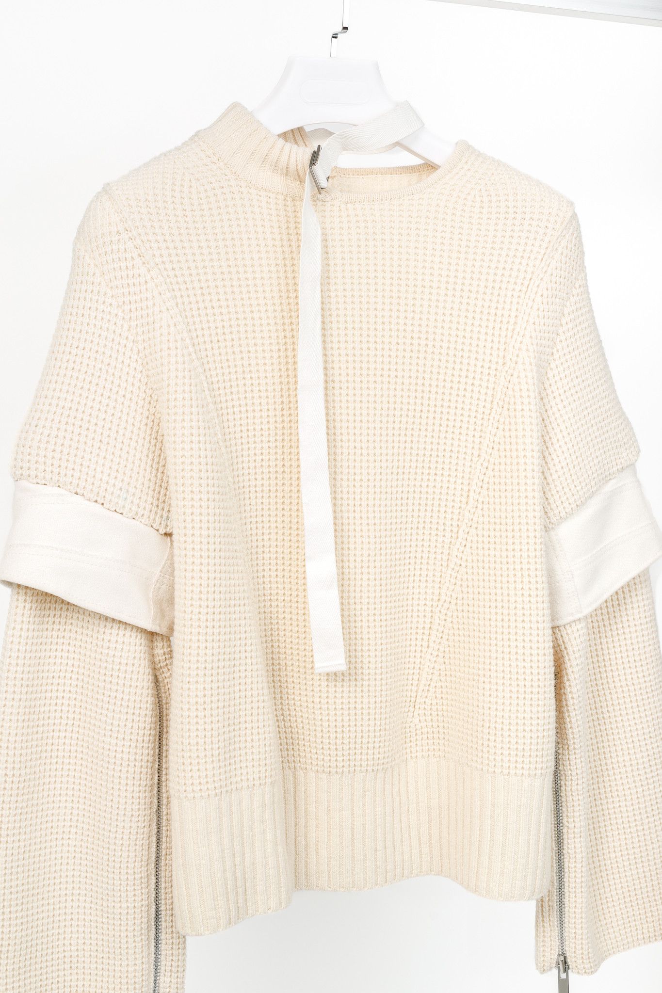 Sacai Sacai AW/16 Cream Wool Waffle-Knit Tie-Neck Sweater Size XL / US 12-14 / IT 48-50 - 3 Thumbnail