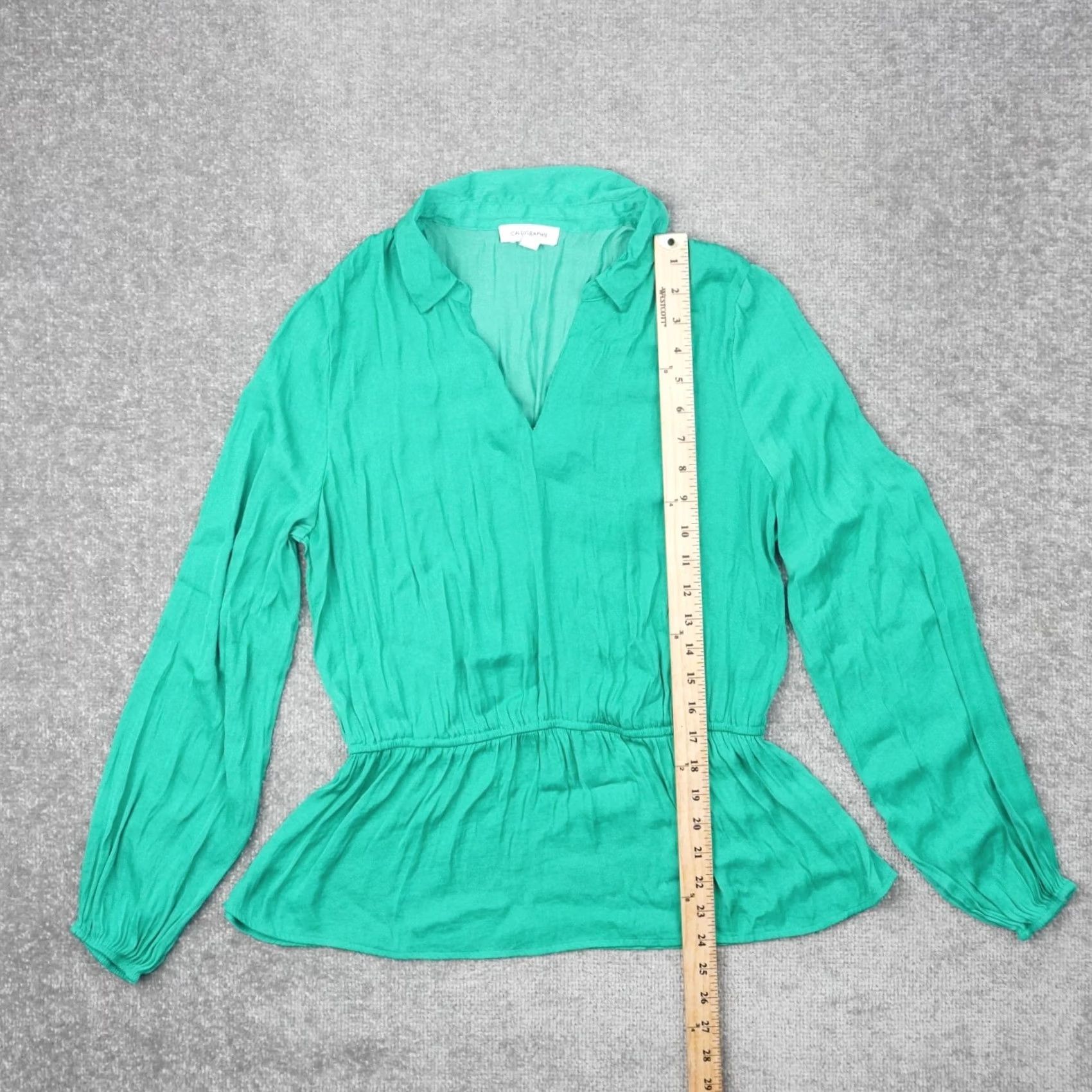 Vintage Calligraphie Blouse Womens Large Green Long Sleeve V Neck Flowy Tunic Size L / US 10 / IT 46 - 3 Thumbnail