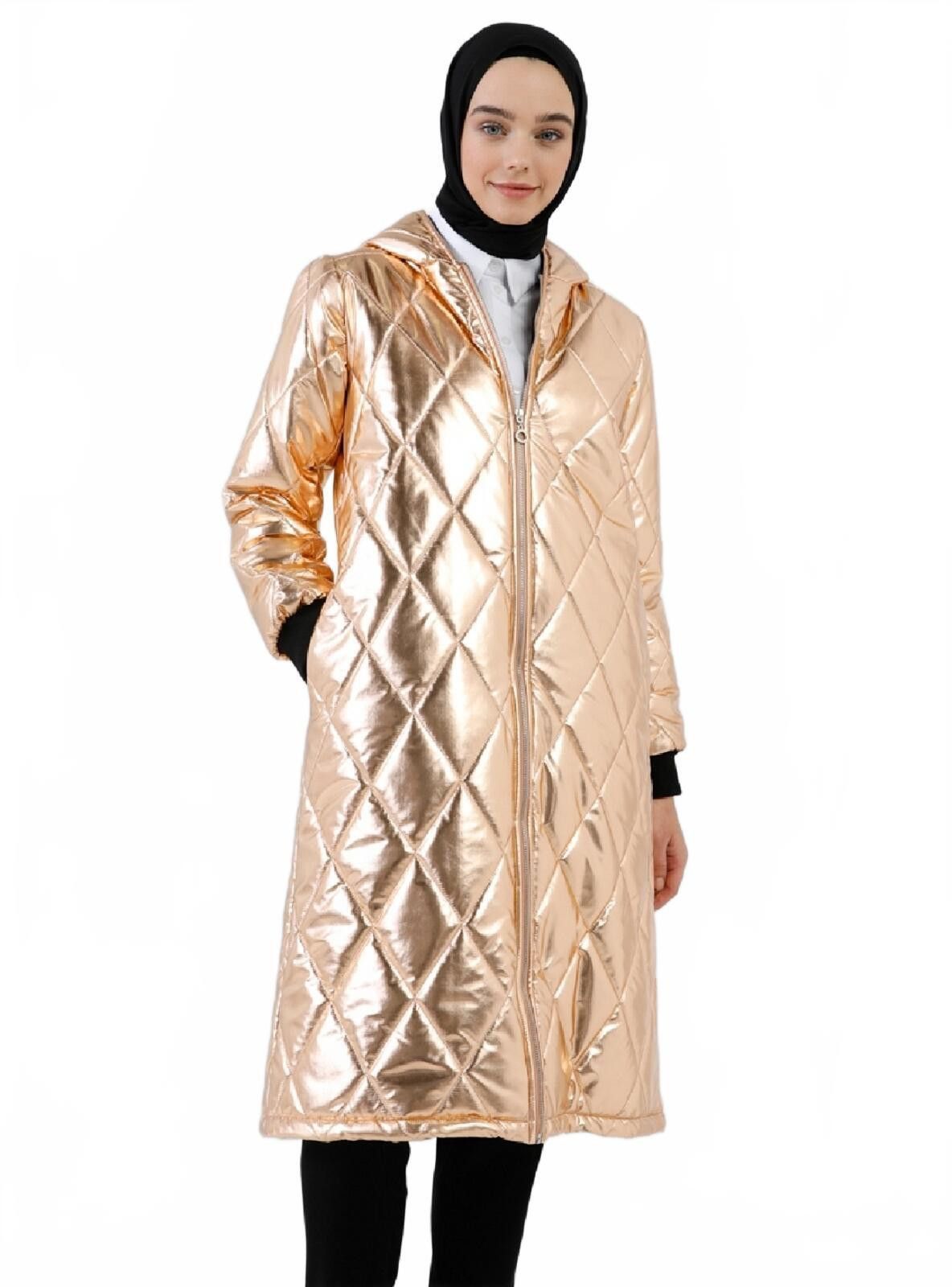 Unknown London Metallic Quilted Long Puffer Coat with Hood, Size 6 Size M / US 6-8 / IT 42-44 - 10 Thumbnail