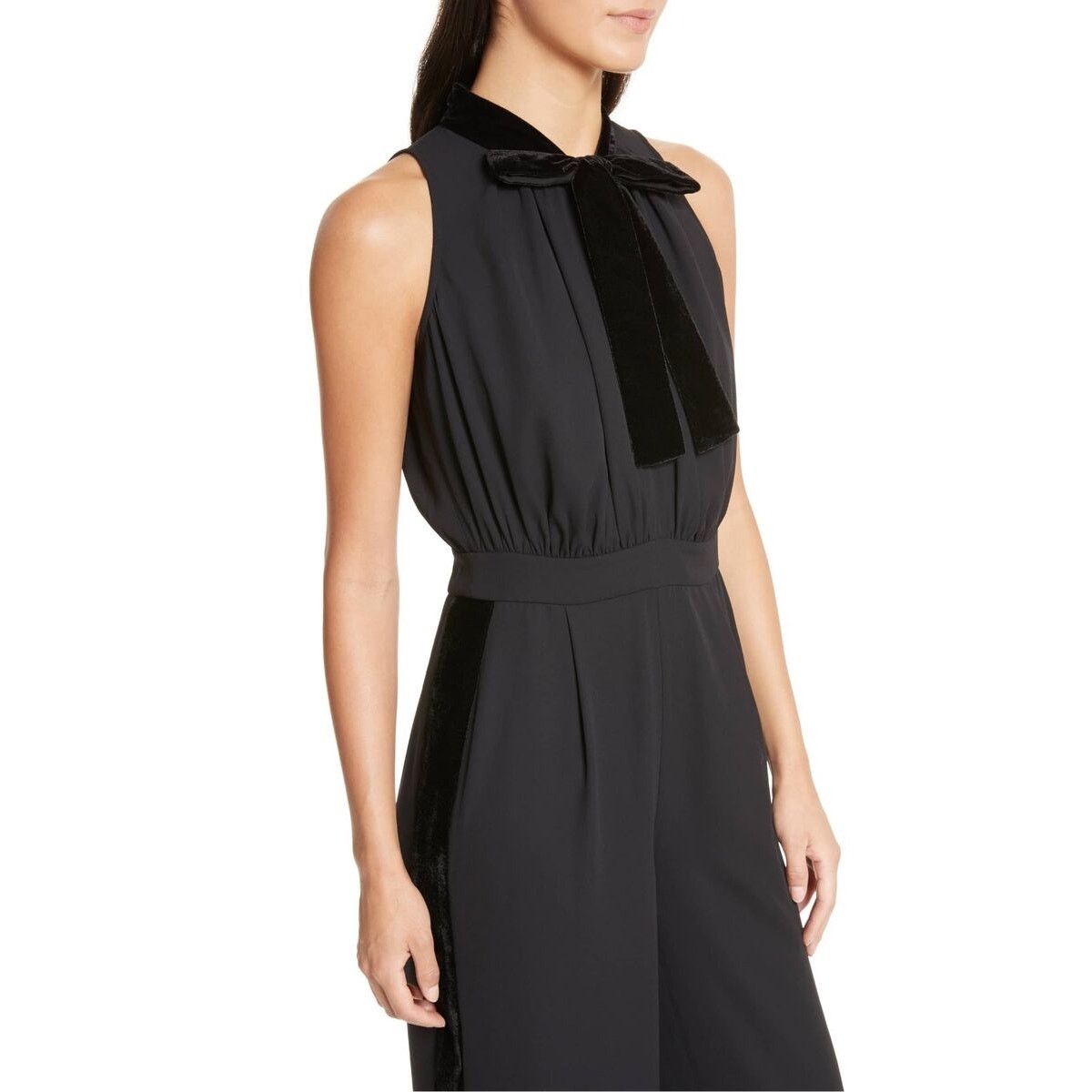 Kate Spade Kate Spade Black Velvet Bow Stripe Wide Leg Jumpsuit SZ 6 Size 28" / US 6 / IT 42 - 2 Thumbnail