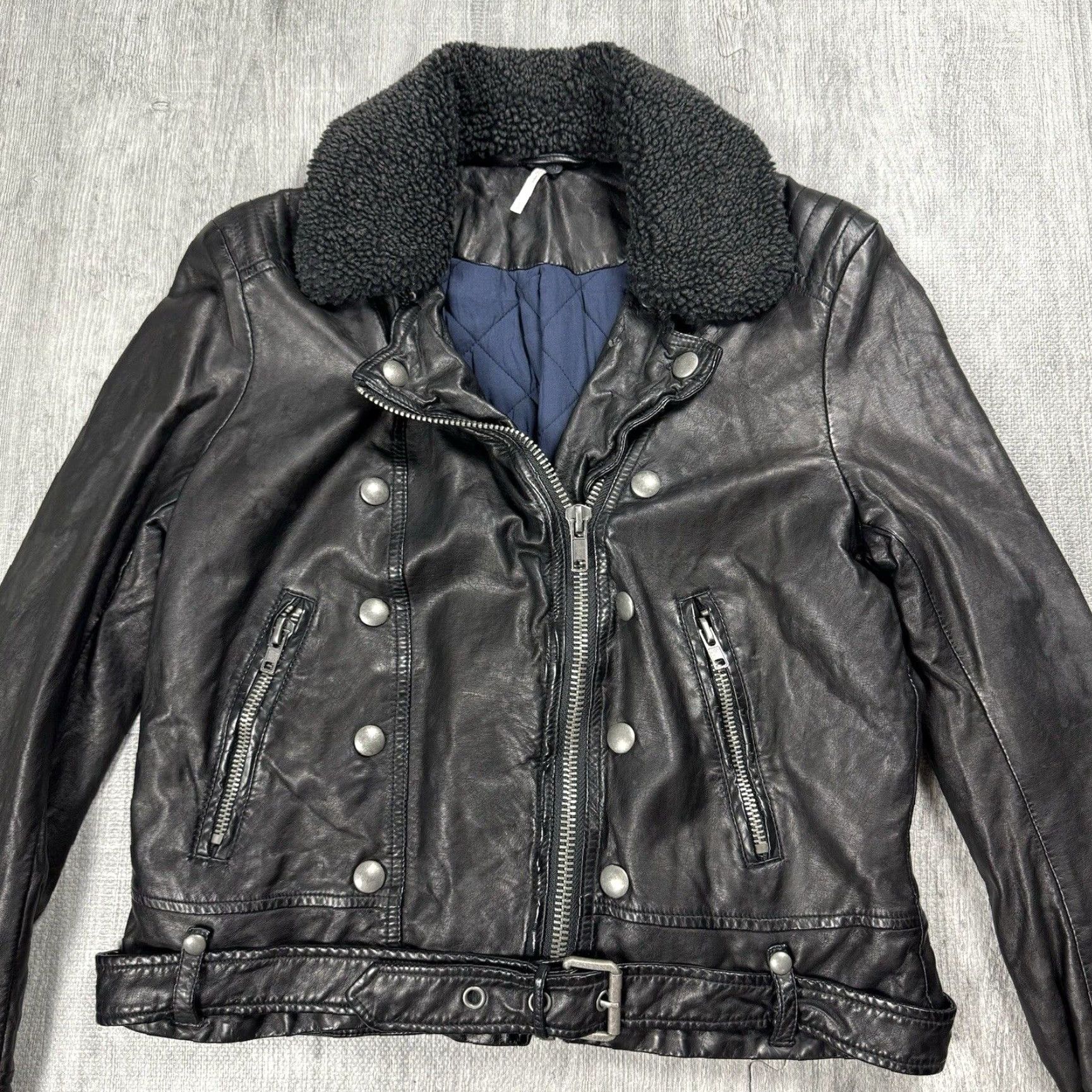 Free People FREE PEOPLE JACKET WOMENS LARGE BLACK PU VEGAN LEATHER SHERPA COLLAR MOTORCYCLE JACKET Size L / US 10 / IT 46 - 2 Thumbnail