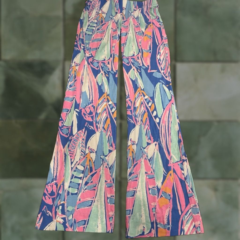 Lilly Pulitzer Lilly Pulitzer Pants Georgia May Palazzo Bay Blue Out to Sea Floral Multicolor XS Regular Wide-Leg 33 Inseam Womens Size 26" / US 2 / IT 38 - 1 Thumbnail