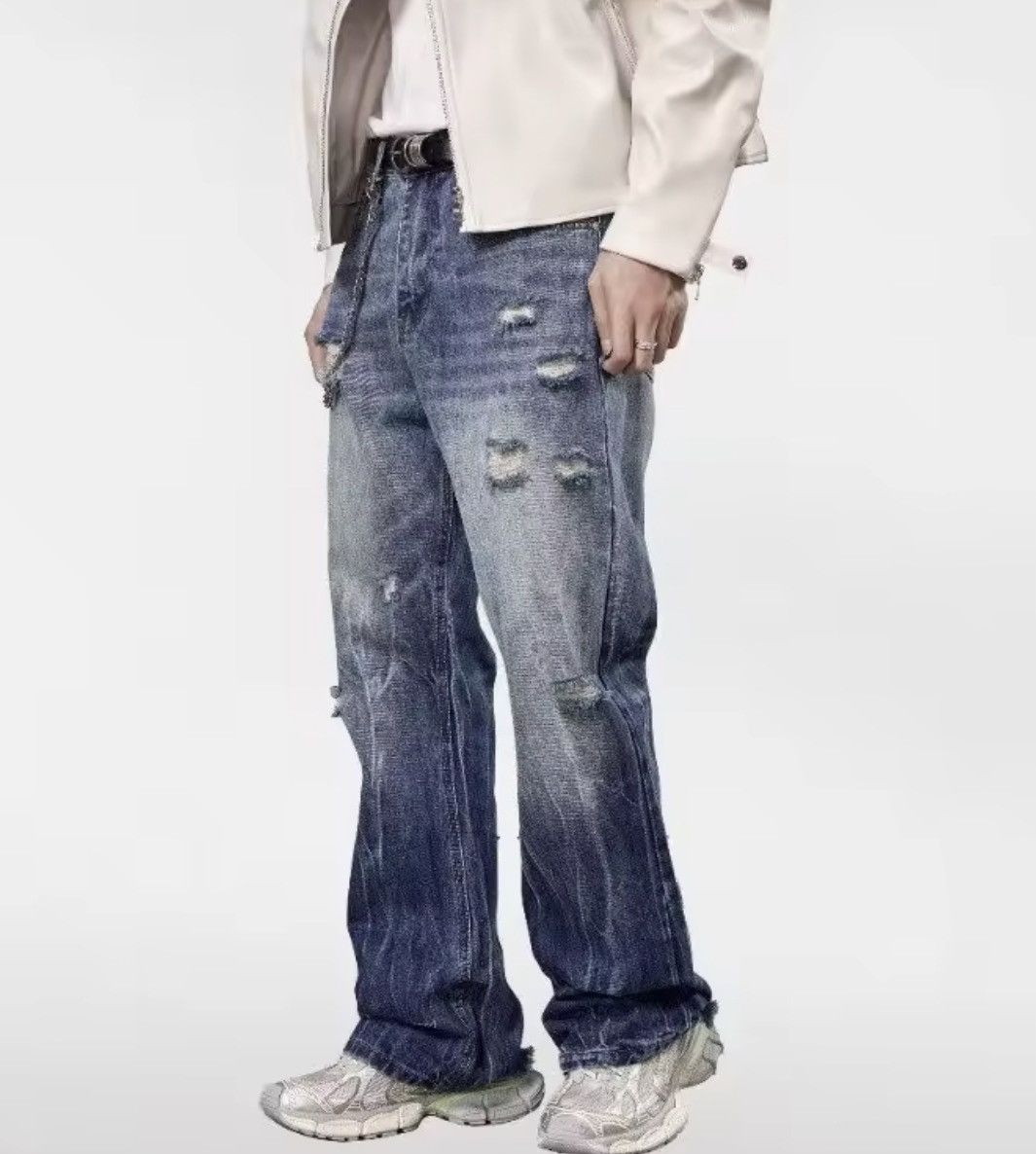 Jean Y2K Blue Distressed Wash Baggy /Flare Stacking Denim Size US 34 / EU 50 - 6 Thumbnail