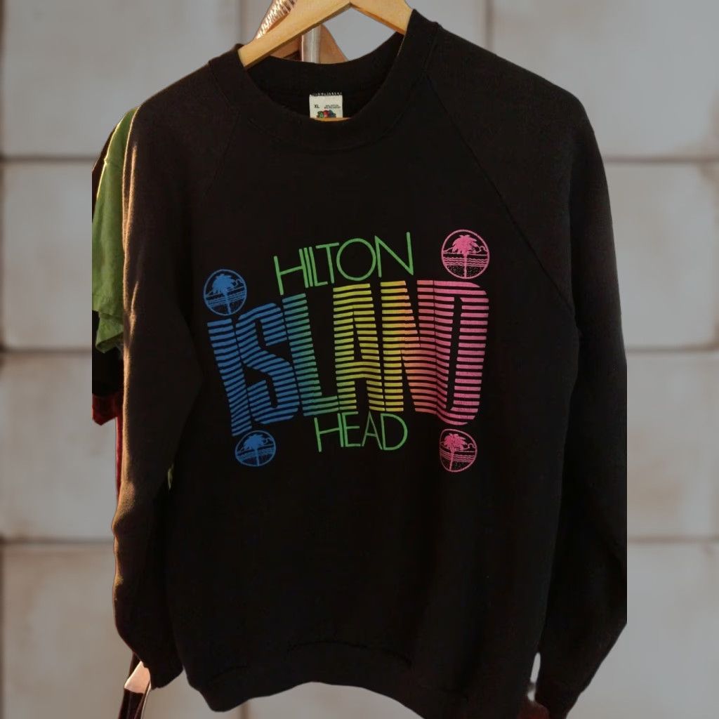 VINTAGE Fruit of the Loom Sweatshirt Hilton Head Made In USA XL Black Cotton Blend Pullover Crew Neck Men’s