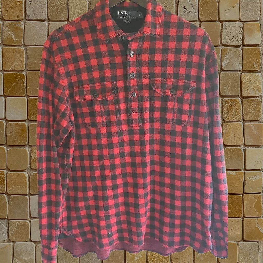 Vintage Polo Ralph Lauren Shirt 1XL Red And Black Long Sleeve Pullover 3/4 Button Front Flannel Classic Designer Mens, Men's