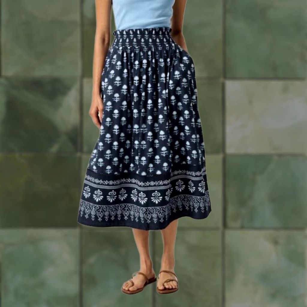 johnnie-O NWT Johnnie-O Skirt Midi Floral Blue M Womens Bohemian Festival Block Print Cotton Rayon Flare 2010s Size 32" / US 10 / IT 46 - 1 Thumbnail